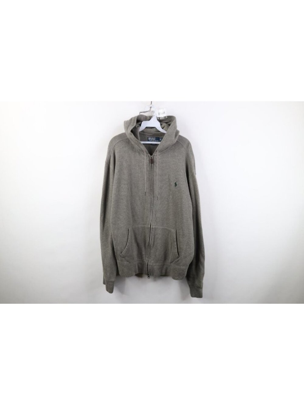 Vintage 90s Ralph Lauren Mens XL Faded Cotton Ribbed Knit Full Zip Hoodie Gray
